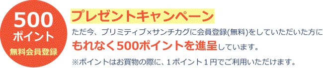 ただ今、
プリミティブ×サンチカグに会員登録(無料)をしていただいた方に
もれなく500ポイントを進呈しています。